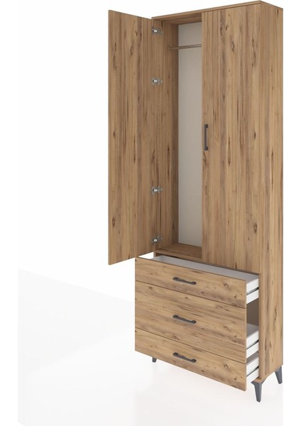 Arges Dolap Tek Raflı 3 Çekmeceli Tek Askılı 88X30X243 Çam-Çam fırsatları