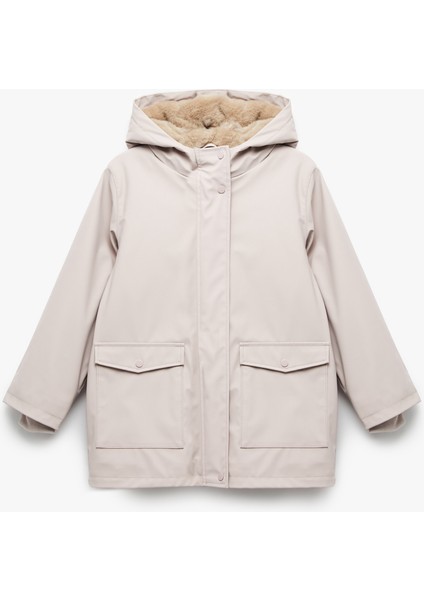 Kapşonlu Peluş Detaylı Kapaklı Cepli Uzun Kollu Mont