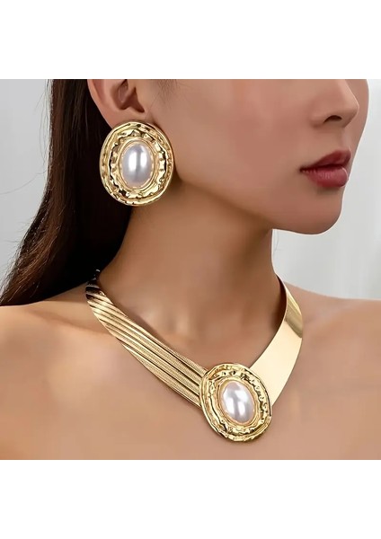 Altın Kaplama Oval Büyük Taşlı Tasarım Bohem Takı Seti Kolye Küpe Seti fırsatları