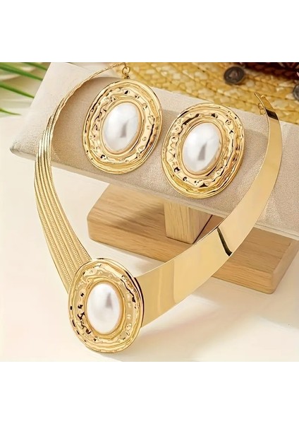 Altın Kaplama Oval Büyük Taşlı Tasarım Bohem Takı Seti Kolye Küpe Seti