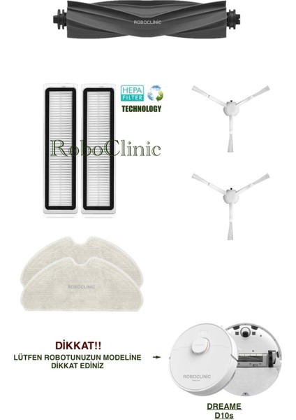 Dreame D10s Robot Süpürge Uyumlu Yedek Fırça, Hepa Filtre, Mop Seti-7 Parça