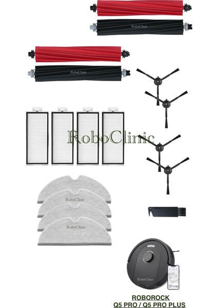 Roborock Q5 Pro / Q5 Pro Plus Yedek Ana Fırça, Yan Fırça, Hepa Filtre, Mop - 17 Parça