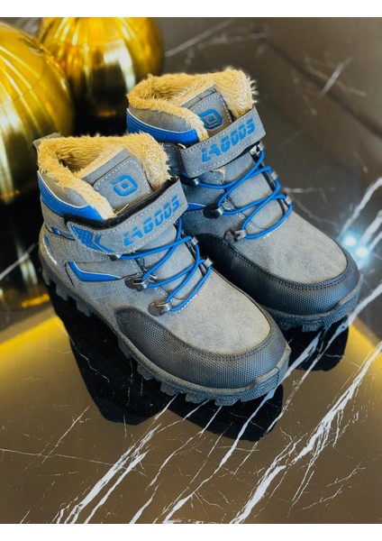 Erkek Çocuk Gri Mavi Kışlık Filet Bot – Su Geçirmez, Kürklü, Kaymaz Taban, Sıcak Tutucu Outdoor Bot