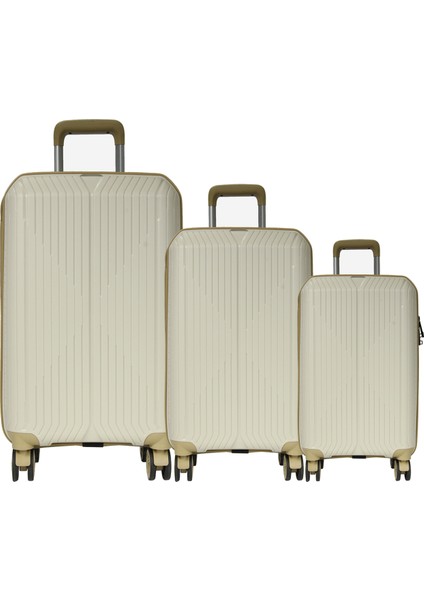 Grnd 10728 Pp Carmılla- Büyük + Orta + Kabin Boy Valiz / Bavul Seti - Kemik/şampanya