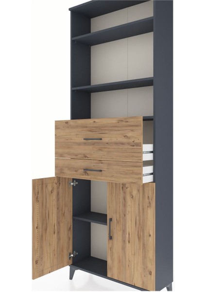 Arges Dolap 4 Raflı 2 Çekmeceli 2 Kapaklı 88X30X243 Antrasit-Çam indirimleri