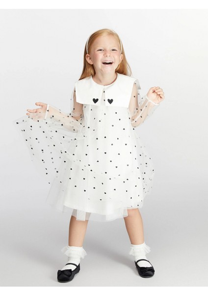 Lcw Kids Ekru Tüllü Kalp Baskılı Kız Çocuk Elbise
