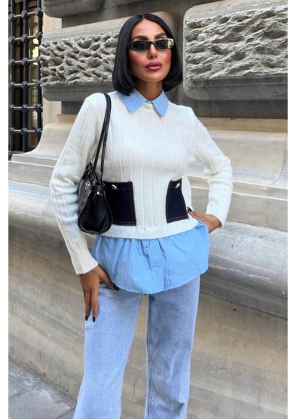 Poplin ve Denim Garnili Triko Kazak -Ekru