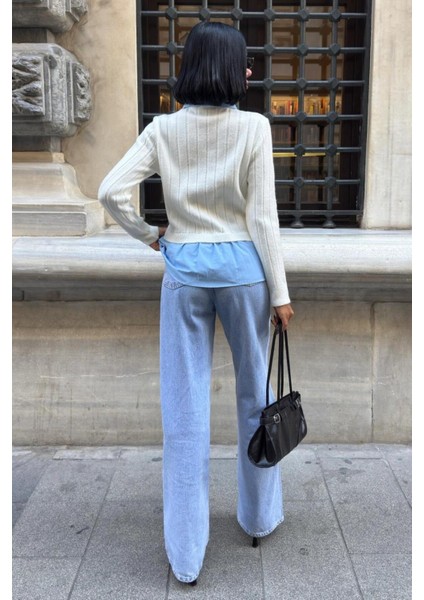 Poplin ve Denim Garnili Triko Kazak -Ekru fiyatları