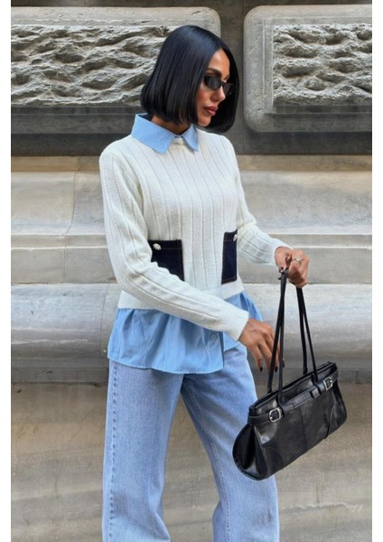 Poplin ve Denim Garnili Triko Kazak -Ekru modelleri