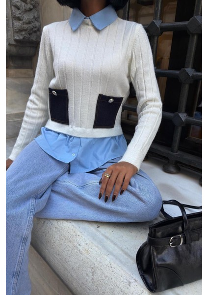 Poplin ve Denim Garnili Triko Kazak -Ekru fırsatları
