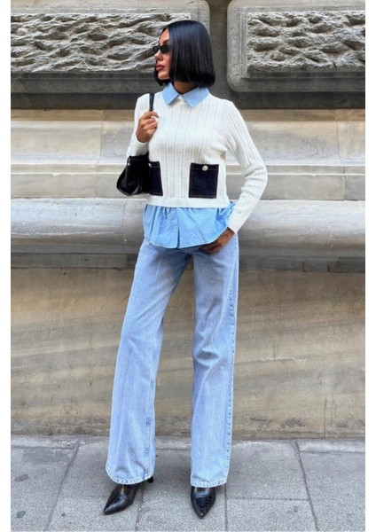 Poplin ve Denim Garnili Triko Kazak -Ekru indirimleri