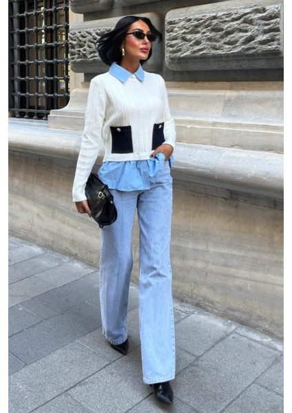 Poplin ve Denim Garnili Triko Kazak -Ekru