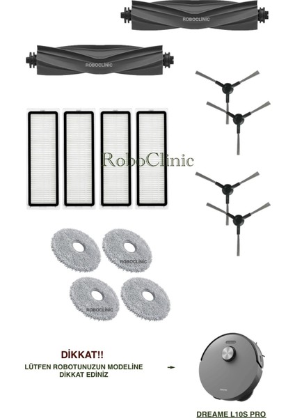 Dreame L10S Pro Yedek Ana Fırça, Yan Fırça, Hepa Filtre, Mop - 14 Parça