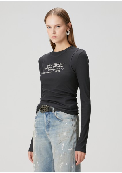 Siyah Baskılı Uzun Kol T-Shirt modelleri