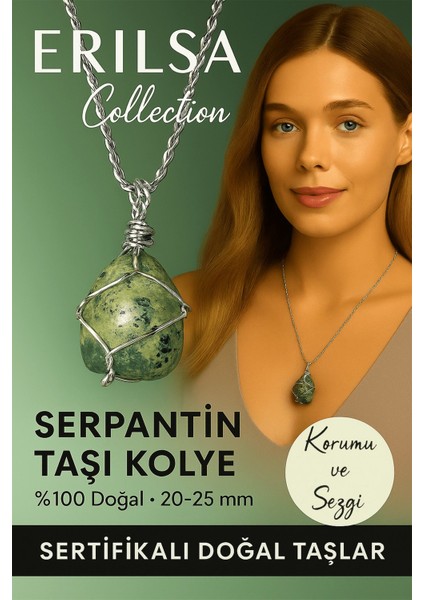 Sertifikalı Gümüş Tel Sargılı Serpantin Yılan Taşı Kolye – 20-25 mm Denge ve Arınma Taşı