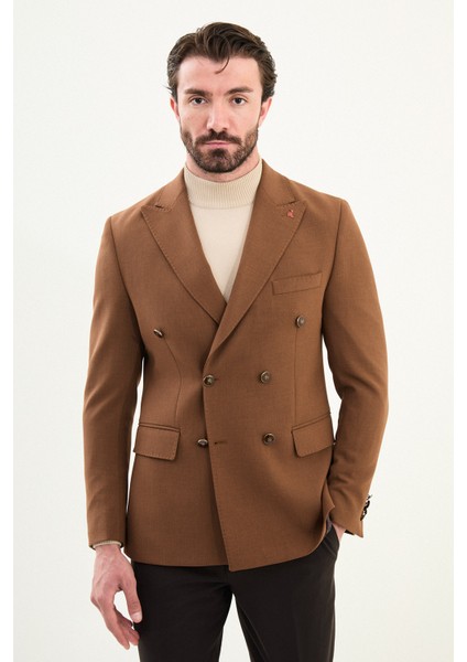 Düz Slim Fit Geniş Yaka Kruvaze Metal Düğmeli Erkek Ceket
