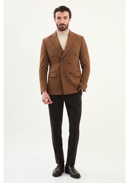 Düz Slim Fit Geniş Yaka Kruvaze Metal Düğmeli Erkek Ceket modelleri