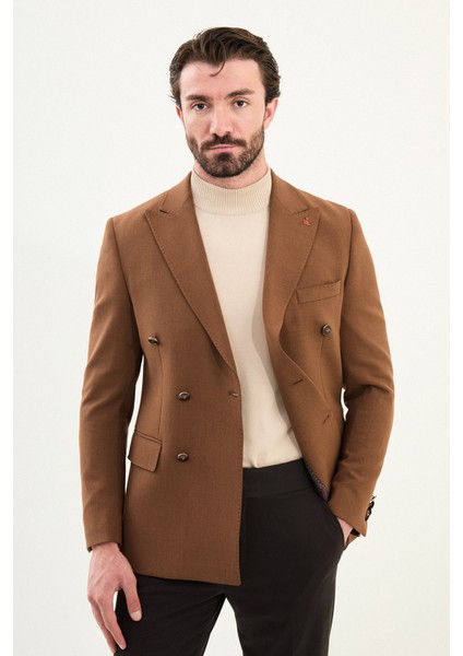 Düz Slim Fit Geniş Yaka Kruvaze Metal Düğmeli Erkek Ceket fırsatları