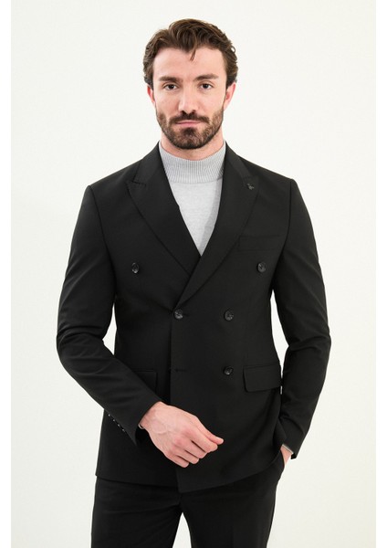Düz Slim Fit Geniş Yaka Kruvaze Erkek Takım Elbise