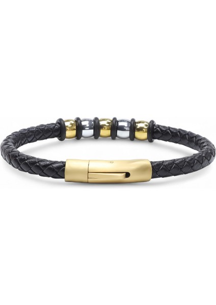 Orijinal Deri ve 316L Altın Tonlu Çelik Erkek Bileklik 31834B21D2