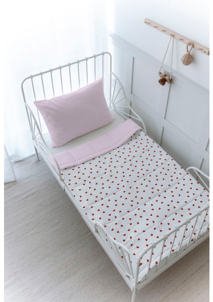 Organik Baskılı Bebek (100X150 Cm) Yorgan Seti - Iconic Serisi - Red Hearts