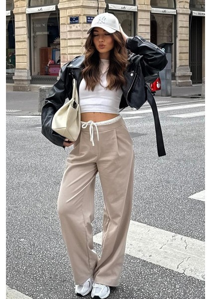 Bej Çift Bel Bantlı Wide Leg Kadın Pantolon MG2551
