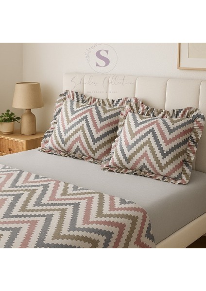 Chevron Desenli Fırfırlı % 100 Pamuk Çift Kişilik Nevresim Takımı