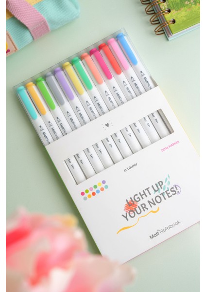 12 Renk Çift Uçlu Fosforlu Kalem Seti – Highlighter + Fineliner | Pastel Renkler Dual Marker