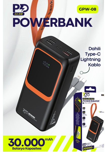 Gpw-08 30000MAH PD22.5W Hızlı Şarj Powerbank | 4 USB Çıkışlı, Dahili Type-C & Lightning Kablolu, Dijital Ekranlı Taşınabilir Şarj Cihazı