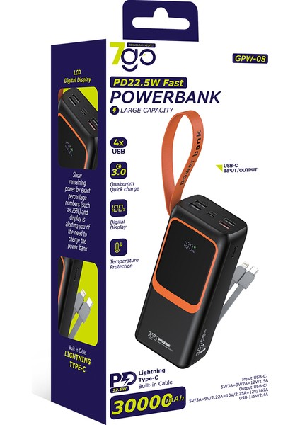 Gpw-08 30000MAH PD22.5W Hızlı Şarj Powerbank | 4 USB Çıkışlı, Dahili Type-C & Lightning Kablolu, Dijital Ekranlı Taşınabilir Şarj Cihazı modelleri