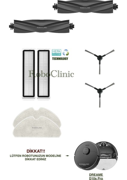 Dreame Bot D10S Pro Siyah Yedek Ana Fırça, Yan Fırça, Hepa Filtre, Mop - 8 Parça
