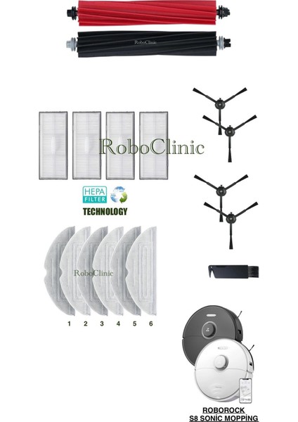 Roborock S8 Sonic Mopping Robot Süpürge Uyumlu Yedek Ana Fırça, Yan Fırça, Hepa Filtre, Mop - 17 Parça