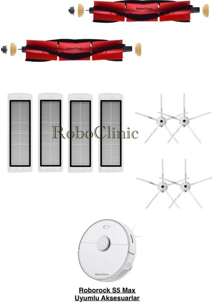 Roborock S5 Max Beyaz Yedek Ana Fırça, Yan Fırça, Hepa Filtre - 10 Parça