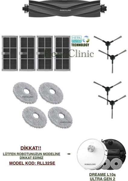 Dreame L10S Ultra Gen 2 Yedek Ana Fırça, Yan Fırça, Hepa Filtre, Mop - 13 Parça