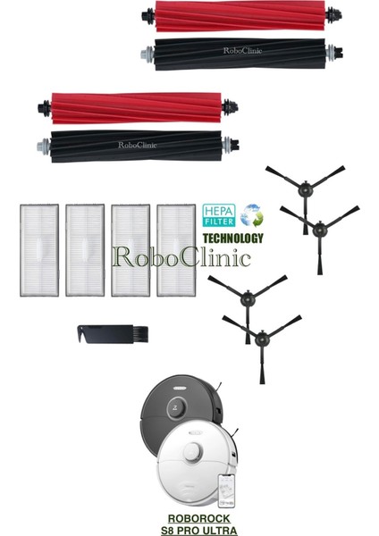 Roborock S8 Pro Ultra Yedek Ana Fırça, Yan Fırça, Hepa Filtre - 11 Parça