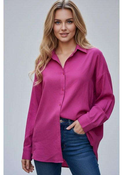 Kadın Fuşya Classic Regular Fit Düğmeli Uzun Kollu Keten Rahat Kesim Gömlek Bluz, Kadın Gömlek
