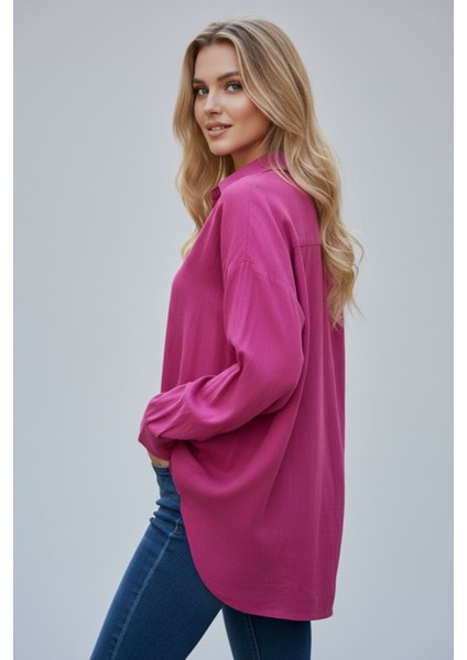 Kadın Fuşya Classic Regular Fit Düğmeli Uzun Kollu Keten Rahat Kesim Gömlek Bluz, Kadın Gömlek fiyatları