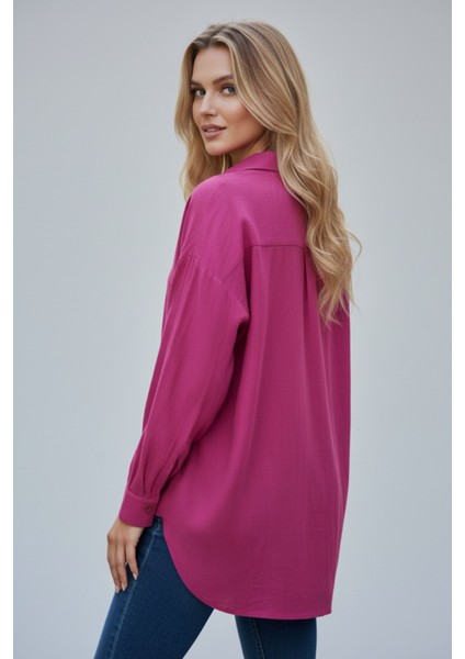 Kadın Fuşya Classic Regular Fit Düğmeli Uzun Kollu Keten Rahat Kesim Gömlek Bluz, Kadın Gömlek modelleri