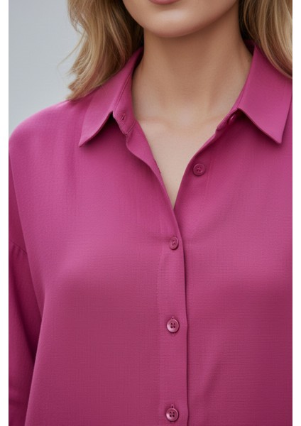 Kadın Fuşya Classic Regular Fit Düğmeli Uzun Kollu Keten Rahat Kesim Gömlek Bluz, Kadın Gömlek fırsatları