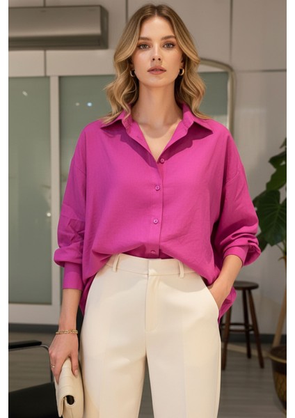 Kadın Fuşya Classic Regular Fit Düğmeli Uzun Kollu Keten Rahat Kesim Gömlek Bluz, Kadın Gömlek