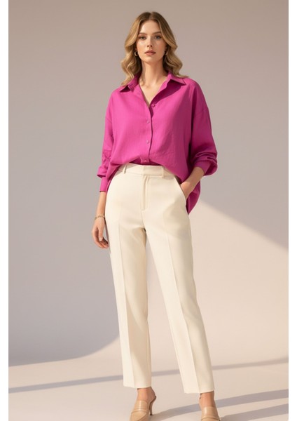 Kadın Fuşya Classic Regular Fit Düğmeli Uzun Kollu Keten Rahat Kesim Gömlek Bluz, Kadın Gömlek