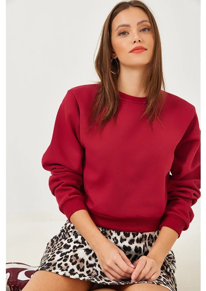 Kadın Bisiklet Yaka 3 Ip Şardonlu Basic Crop Sweatshirt