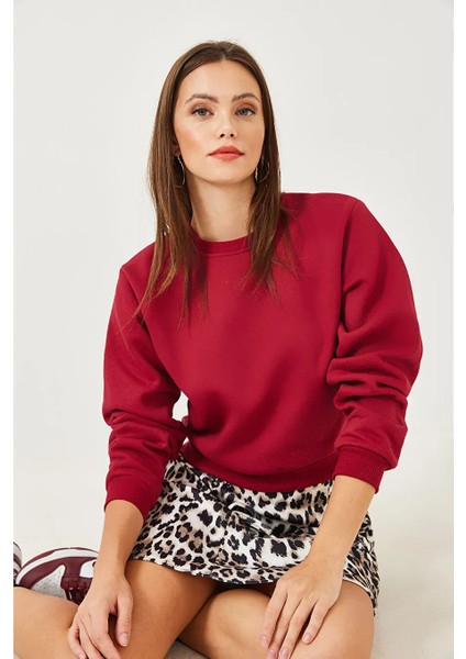 Kadın Bisiklet Yaka 3 Ip Şardonlu Basic Crop Sweatshirt modelleri