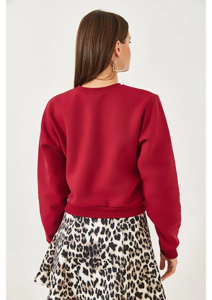 Kadın Bisiklet Yaka 3 Ip Şardonlu Basic Crop Sweatshirt