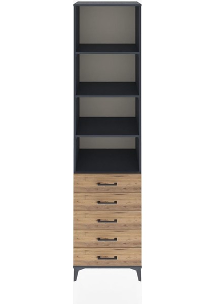 Hyperion Dolap 4 Raflı 5 Çekmeceli 60X44X243 Antrasit-Çam