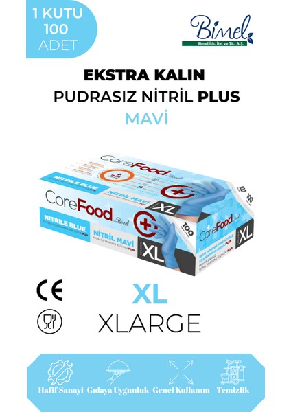 Ekstra Kalın Nitril Mavi Plus Muayene Eldiveni Xl - 1 Paket 100'LÜ
