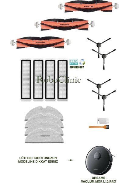 Dreame Vacuum Mop L10 Pro Siyah Yedek Ana Fırça, Yan Fırça, Hepa Filtre, Mop - 17 Parça