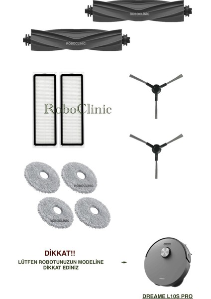 Dreame L10S Pro Yedek Ana Fırça, Yan Fırça, Hepa Filtre, Mop - 10 Parça