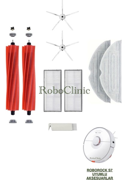 Roborock S7 / S7 Sonic Mopping Robot Süpürge Uyumlu Yedek Fırça, Hepa Filtre, Mop - 9 Parça
