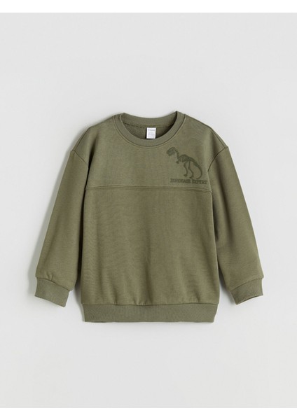 Yeni Sezon Bisiklet Yaka Dinozor Baskılı Erkek Çocuk Sweatshirt